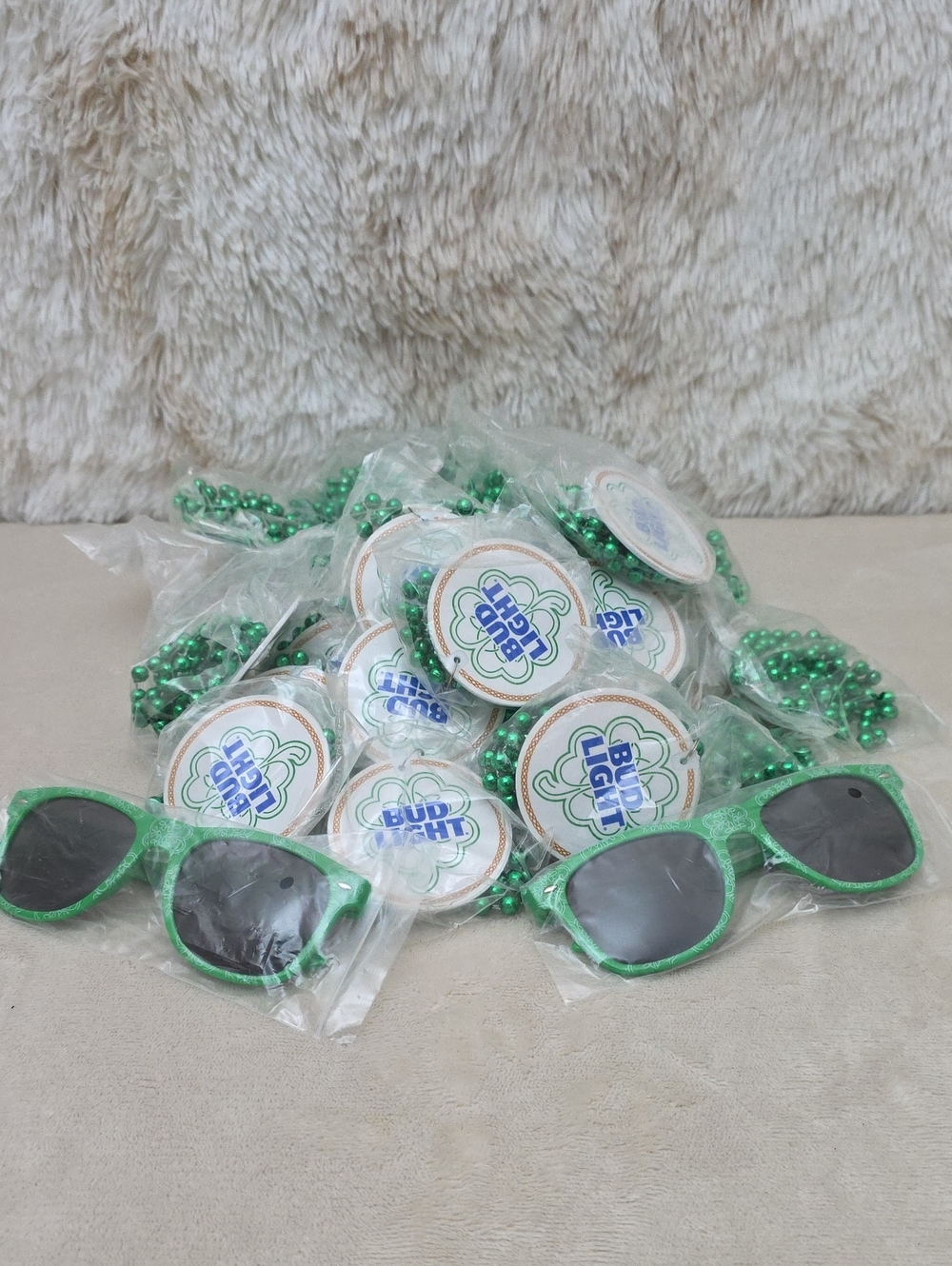 Lot of 35 Bud Light Bead Necklaces + 2 Green Bud Light Sunglasses Party Favors